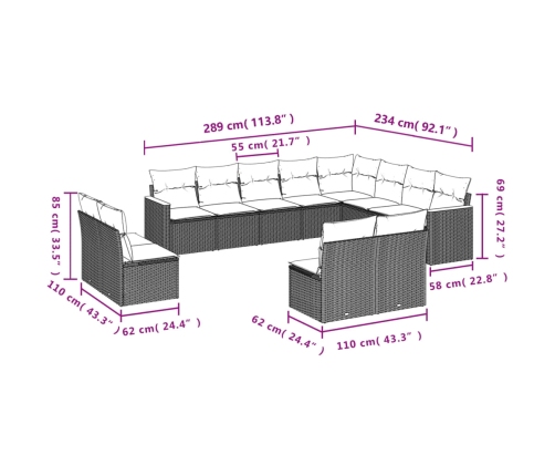 Set de sofás de jardín 12 pzas y cojines ratán sintético marrón