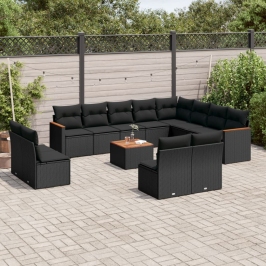 Set de sofás de jardín y cojines 13 pzas ratán sintético negro