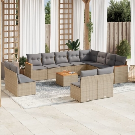 Set sofás de jardín con cojines 13 pzas ratán sintético beige
