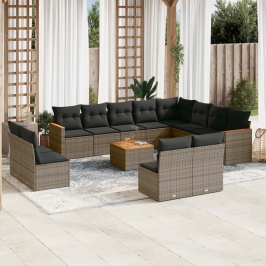 Set sofás de jardín con cojines 13 piezas ratán sintético gris