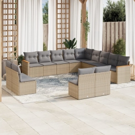 Set sofás de jardín con cojines 13 pzas ratán sintético beige