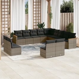 Set sofás de jardín con cojines 13 piezas ratán sintético gris