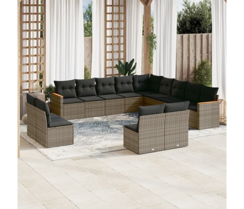 Set sofás de jardín con cojines 13 piezas ratán sintético gris