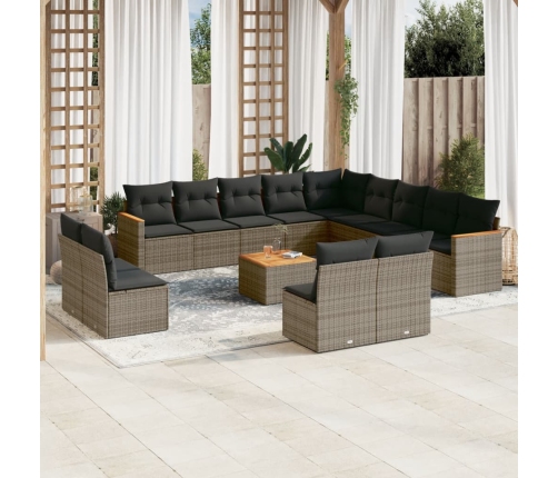 Set de sofás de jardín 14 pzas con cojines ratán sintético gris