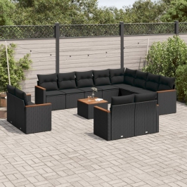 Set de sofás de jardín y cojines 13 pzas ratán sintético negro