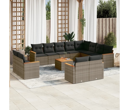 Set sofás de jardín con cojines 13 piezas ratán sintético gris