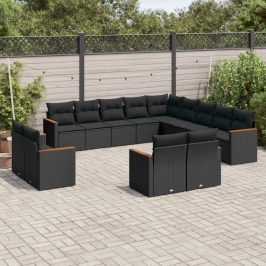 Set de sofás de jardín y cojines 13 pzas ratán sintético negro