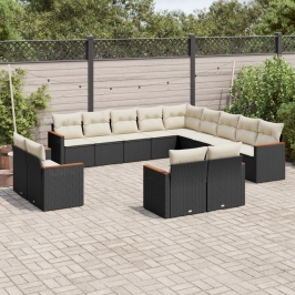 Set de sofás de jardín y cojines 13 pzas ratán sintético negro