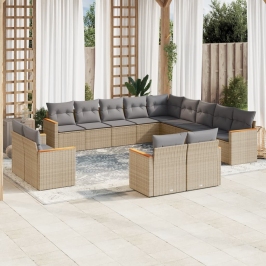 Set sofás de jardín con cojines 13 pzas ratán sintético beige