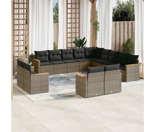 Set sofás de jardín con cojines 13 piezas ratán sintético gris