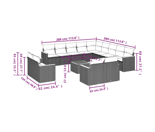 Set de sofás de jardín 14 pzas con cojines ratán sintético gris