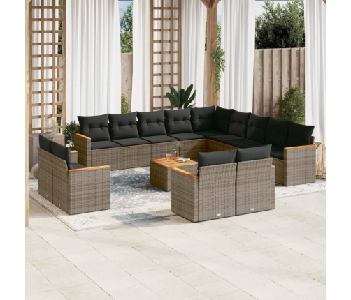 Set de sofás de jardín 14 pzas con cojines ratán sintético gris