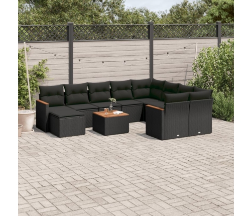 Set de sofás de jardín 11 pzas y cojines ratán sintético negro