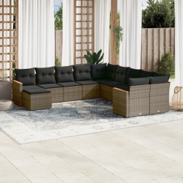 Set de sofás de jardín 11 pzas y cojines ratán sintético gris