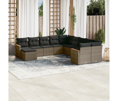 Set de sofás de jardín 11 pzas y cojines ratán sintético gris