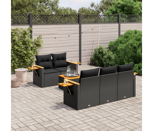 Set de sofás de jardín 6 piezas y cojines ratán sintético negro