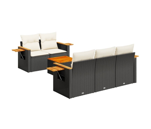 Set de sofás de jardín 6 piezas y cojines ratán sintético negro