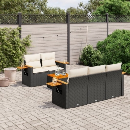 Set de sofás de jardín 6 piezas y cojines ratán sintético negro