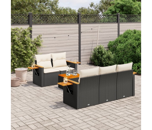 Set de sofás de jardín 6 piezas y cojines ratán sintético negro