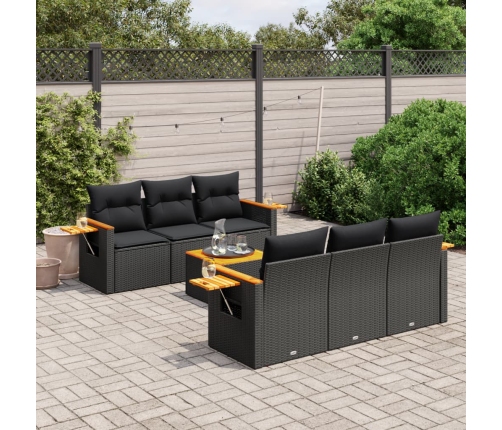 Set de comedor de jardín 7 pzas y cojines ratán sintético negro