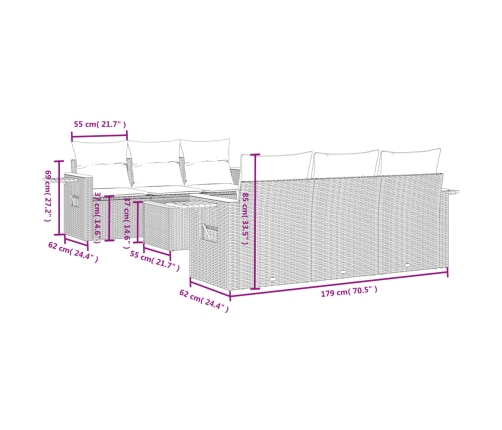 Set de comedor de jardín 7 pzas y cojines ratán sintético negro