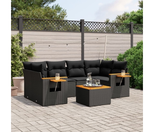 Set de comedor de jardín 7 pzas y cojines ratán sintético negro