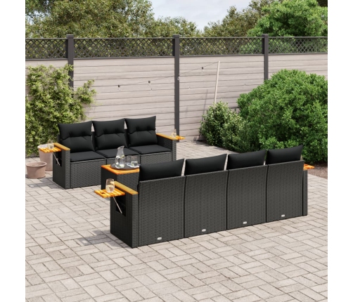 Set de sofás de jardín 8 piezas y cojines ratán sintético negro