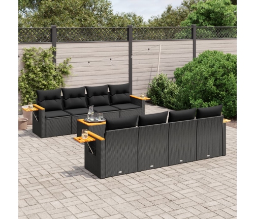 Set de sofás de jardín 8 piezas y cojines ratán sintético negro