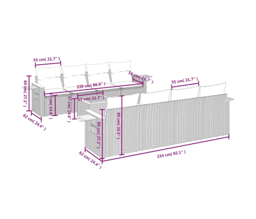 Set de muebles de jardín 9 pzas y cojines ratán sintético gris