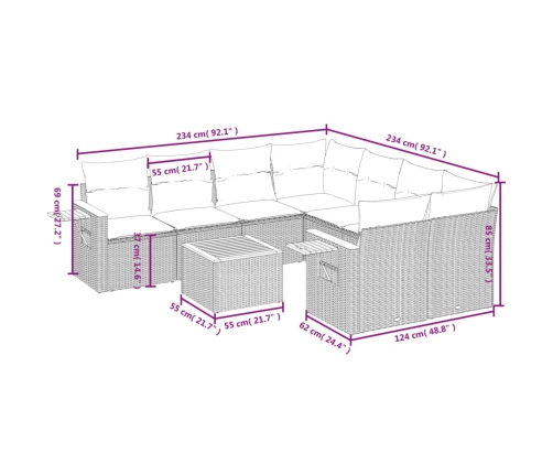 Set de sofás de jardín 9 pzas con cojines ratán sintético beige
