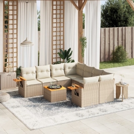 Set de sofás de jardín 9 pzas con cojines ratán sintético beige