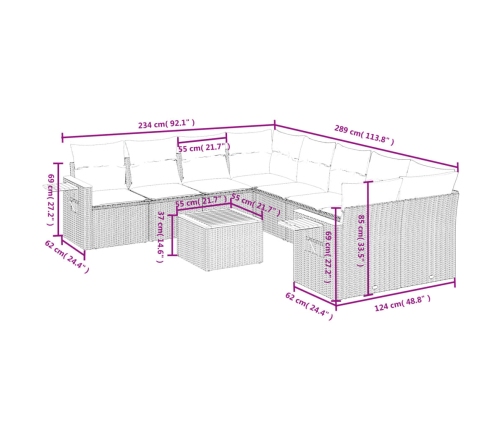 Set de sofás de jardín 9 pzas con cojines ratán sintético beige