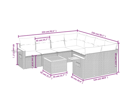Set de muebles de jardín 9 pzas y cojines ratán sintético gris