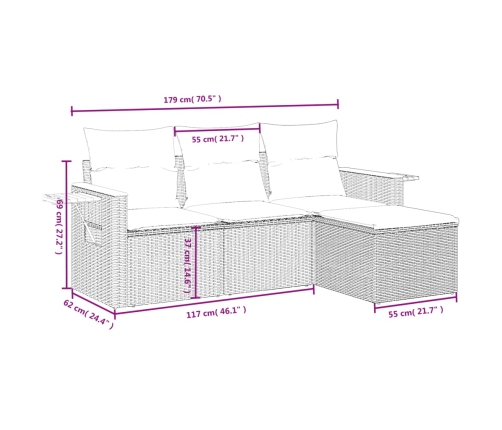 Set de sofás de jardín 4 pzas y cojines ratán sintético gris