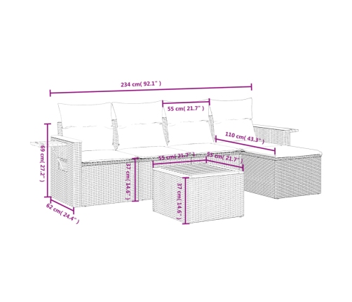 Set de muebles de jardín 6 pzas y cojines ratán sintético gris