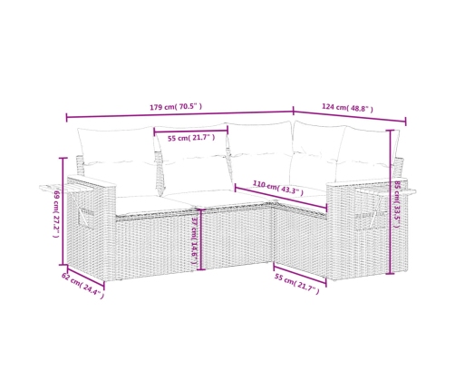 Set de sofás de jardín 4 pzas y cojines ratán sintético gris