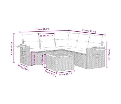 Set de muebles de jardín 6 pzas y cojines ratán sintético gris