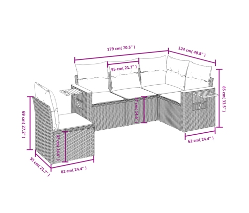 Set de muebles de jardín 5 pzas y cojines ratán sintético negro
