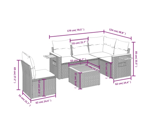 Set de muebles de jardín 6 pzas y cojines ratán sintético gris