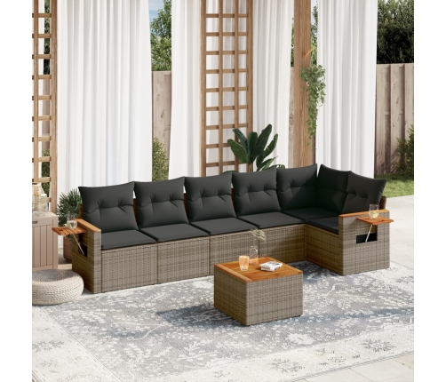 Set de sofás de jardín 7 piezas con cojines ratán PE gris