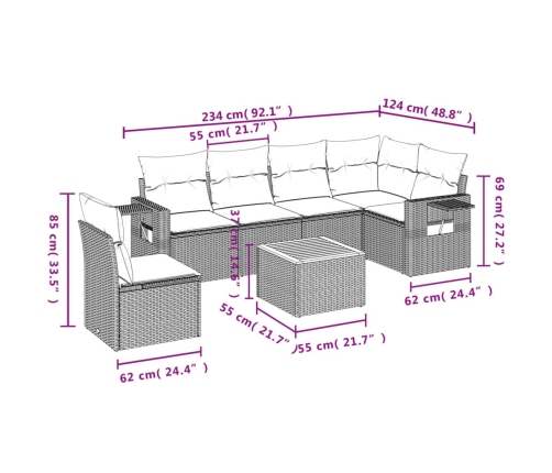 Set sofás de jardín 7 piezas y cojines ratán sintético beige