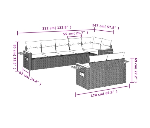 Set de sofás de jardín 8 piezas y cojines ratán sintético negro