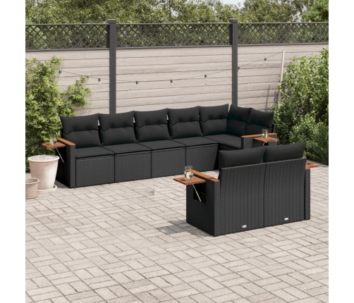 Set de sofás de jardín 8 piezas y cojines ratán sintético negro