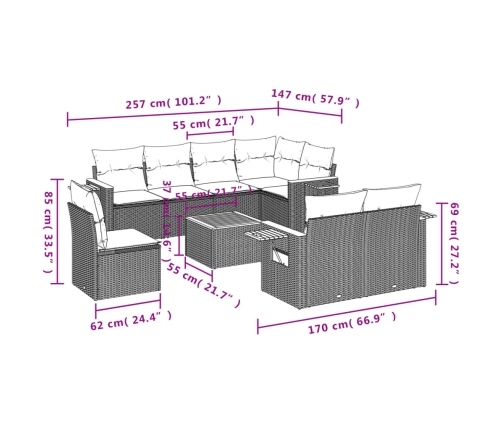 Set de sofás de jardín 9 pzas con cojines ratán sintético beige