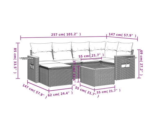 Set de comedor de jardín 7 pzas y cojines ratán sintético negro