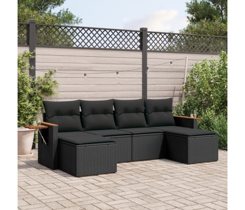 Set de sofás de jardín 6 piezas y cojines ratán sintético negro