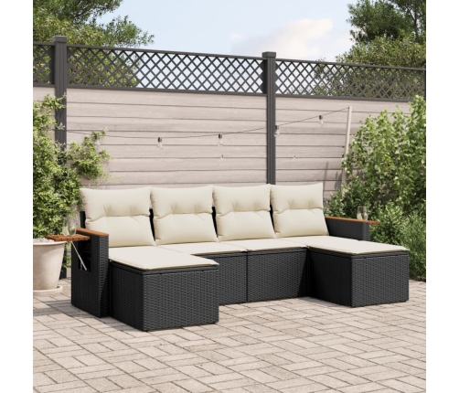 Set de sofás de jardín 6 piezas y cojines ratán sintético negro