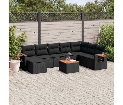 Set de sofás de jardín 8 piezas y cojines ratán sintético negro