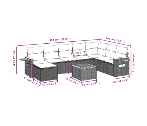 Set de muebles de jardín 9 pzas y cojines ratán sintético gris