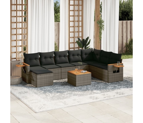 Set de muebles de jardín 9 pzas y cojines ratán sintético gris